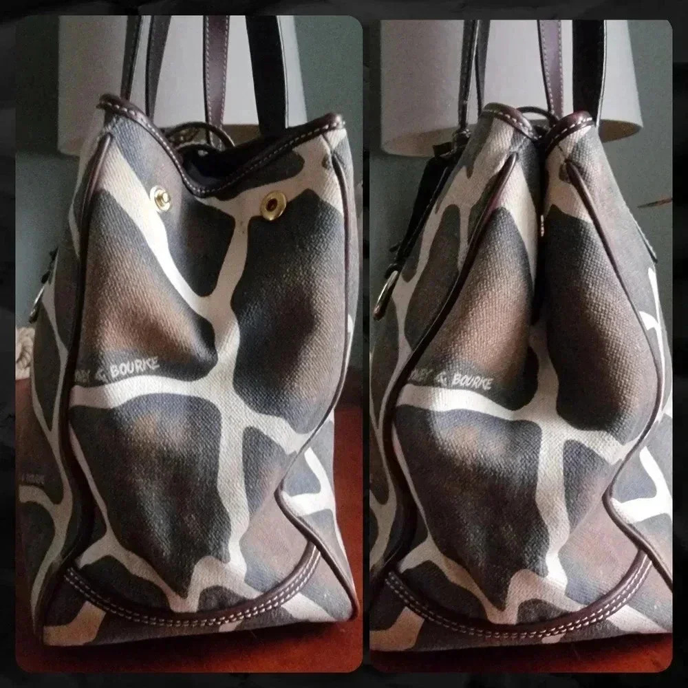Dooney & Bourke Giraffe Print Safari Tote Brown Leather Canvas Bag - Picture 11 of 16